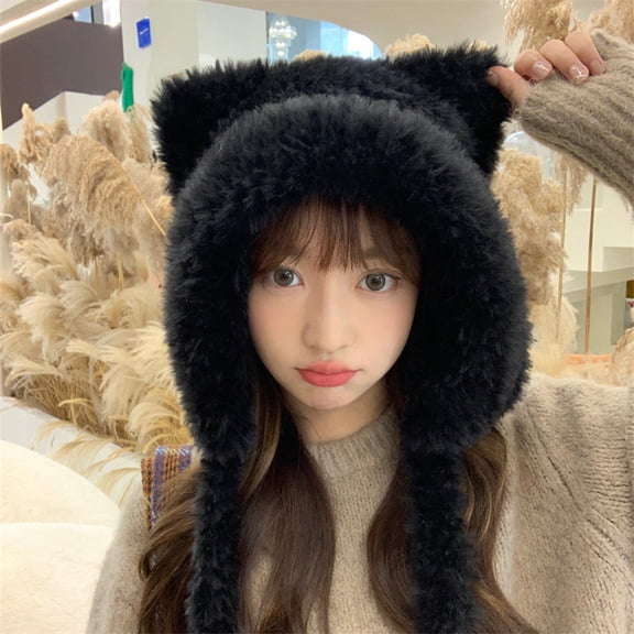SikaFu Winter Version Of Cute Plus Peltic Plush Hat Female Cartoon Ear -Cooted Woven Hooded Ear Hat Hats