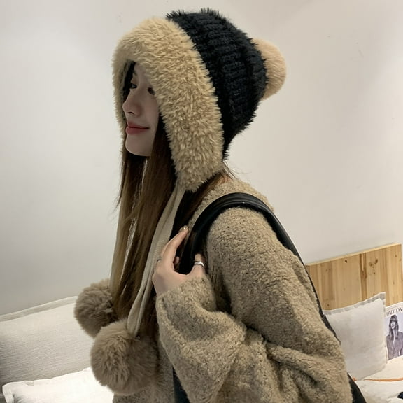 SikaFu Winter Warm Hanging Ball Plush Cap Female New Ear Protection Cute Knitted Hat Net Red Small Fresh Sweet Lace