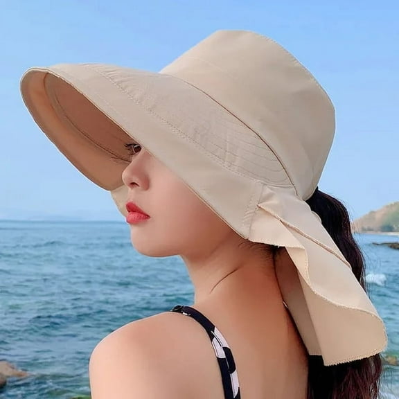 SikaFu Women Bow-knot Ligweig Bucket Hats Fashion Hidden Ponytail Hole Big Brim Hat Anti-UV Sun Hats Beach Neck Guard Fisherman Hat