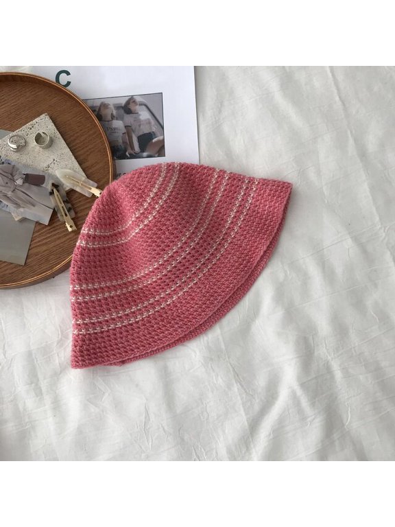 Women Winter Striped Knitted Hat Mixed Color Fisherman Hat Warm Breathable Bucket Cap Outdoor Cap Gorros Headdress Female Panama