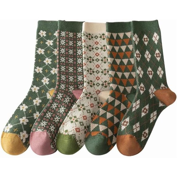 SikaFu Women's 5 Pairs Flower Pretty Vintage Socks Harajuku Soft Cozy Cotton Socks Aesthetic Warm Crew Christmas Socks