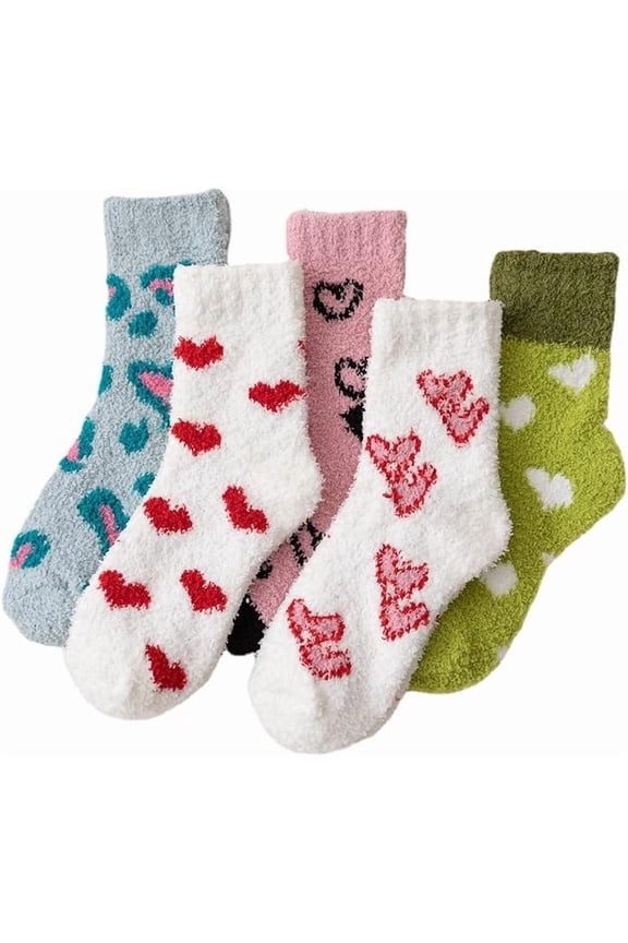 Women's Cottagecore 5 Pairs Fuzzy Socks Y2k Heart Pattern Cozy Home Socks Aesthetics Winter Warm Plush Socks