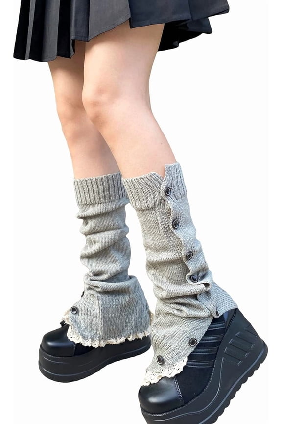 Women's Lace Trim Button Solid Rib Knit Leg Warmers Button Grey one-size