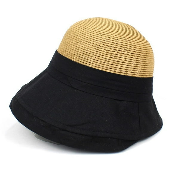 SikaFu Women's Splicing Straw Hat Summer Outdoor Wide -Eave Sunscreen New Sunscreen Hooded Sand Hat Beach Holiday Hat