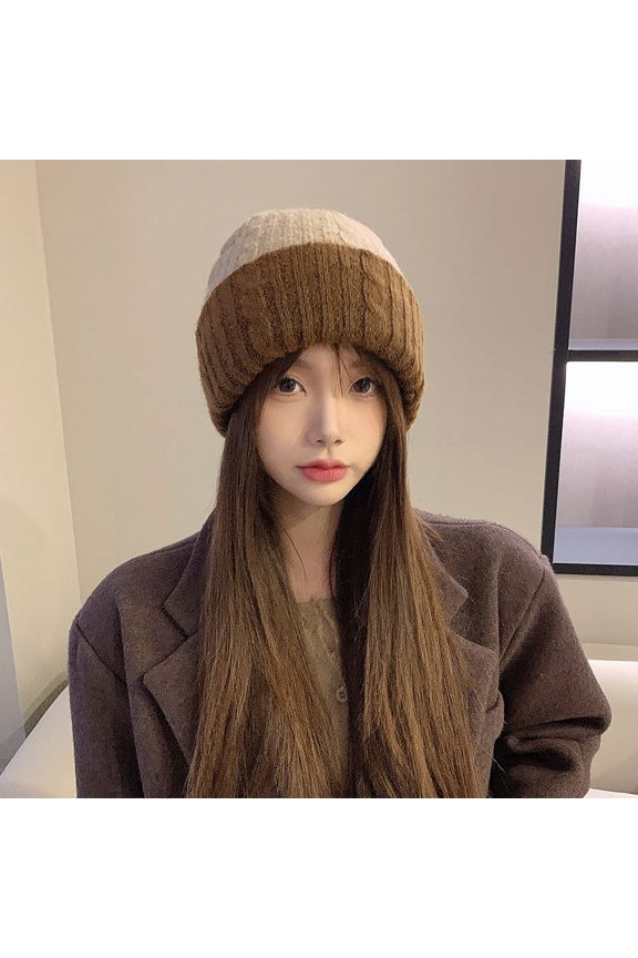 Wool Cap Female Simplicity Double -Colored Splicing Autumn And Winter Korean Version Of The Two -Sided Versatile Warm And Cold Anti -Cold Baotou Coarse Wire Knitted Hat