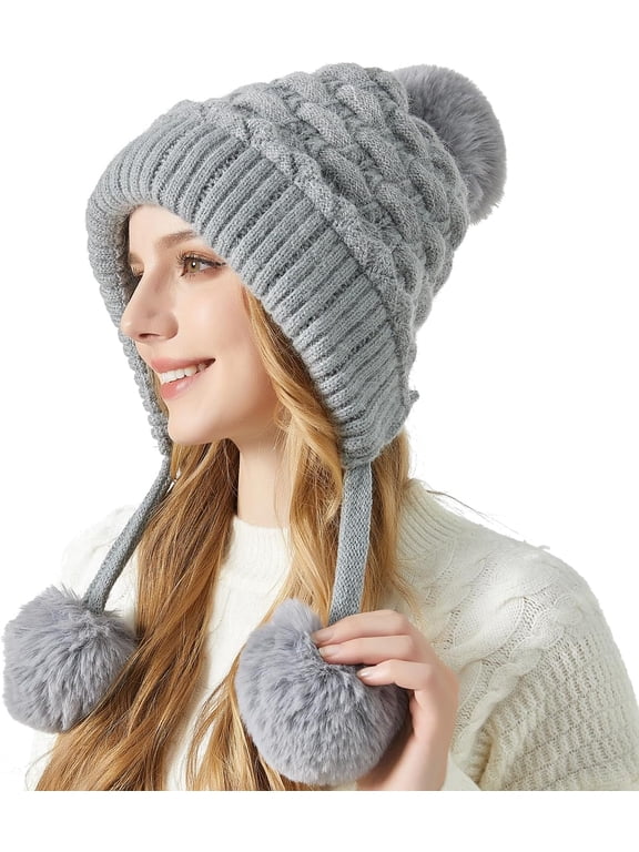XL Size Women Winter Sherpa Beanie Hats Knit Ear Flaps Peruvian Cover Ears Fleece Lined Fluffy Ski Snow Hat Large Head