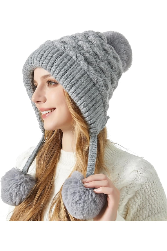 XL Size Women Winter Sherpa Beanie Hats Knit Ear Flaps Peruvian Cover Ears Fleece Lined Fluffy Ski Snow Hat Large Head