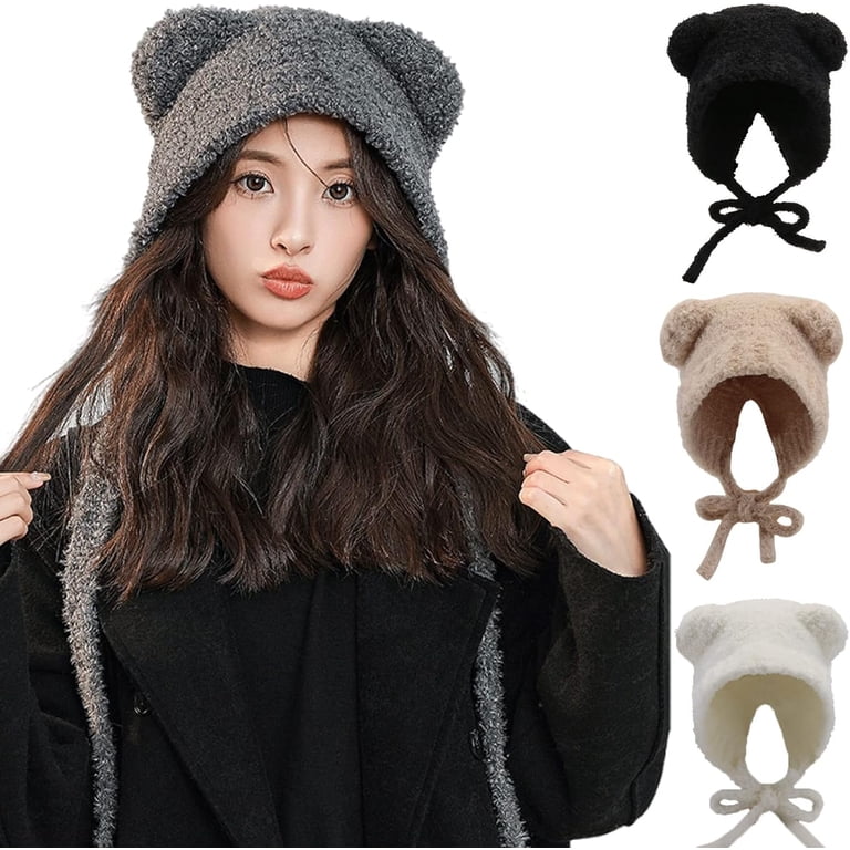 Cat Ear Knitted Hat For Women | Harajuku Style Crochet Beanie, Winter Warm Headwear (Khaki & Other Colors)