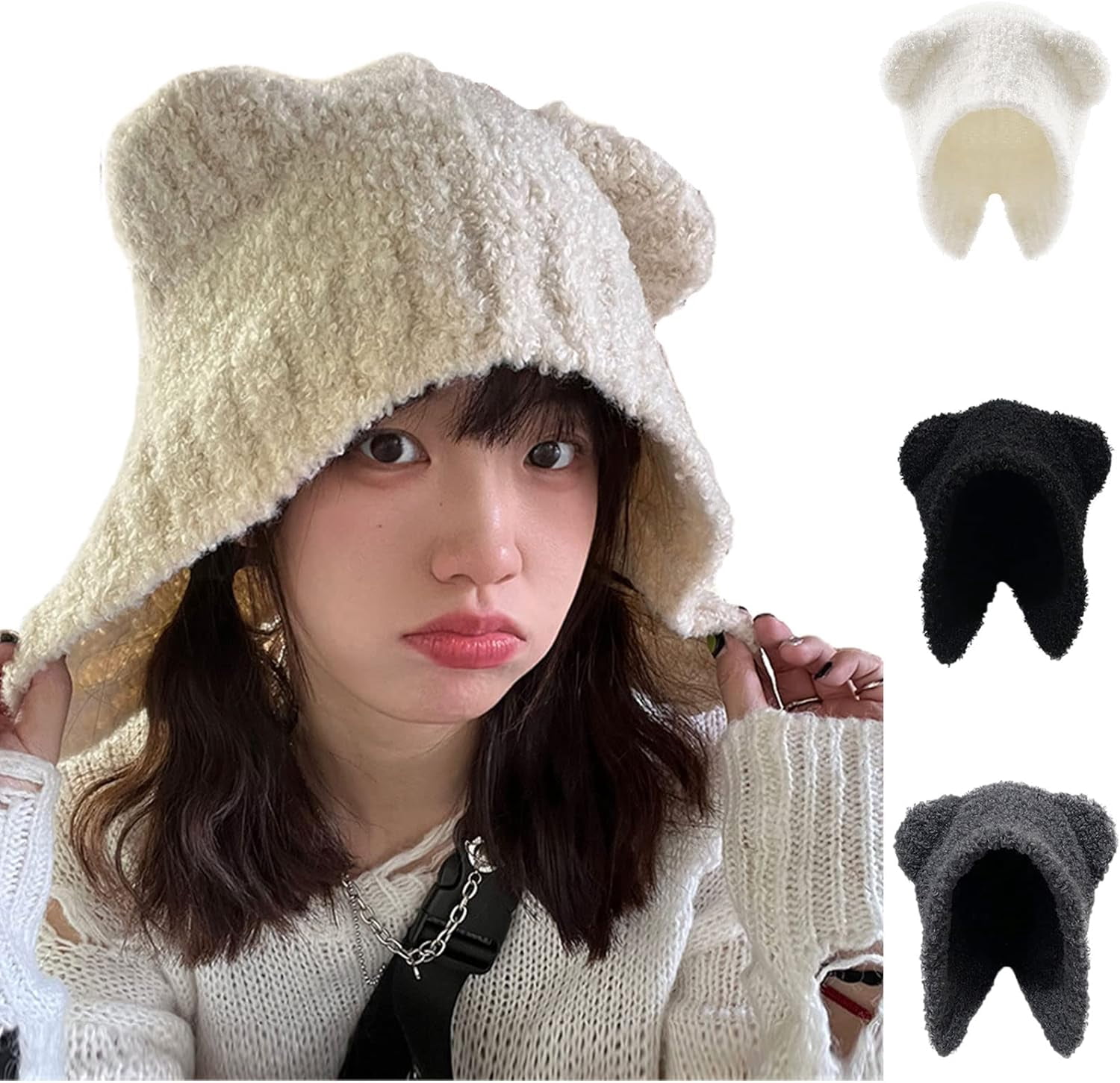 Winter Knitted Hat With Ears Fairy Grunge Beanie With Bear Ears - Y2K Crochet Slouchy Hat For Winter Bear Hat
