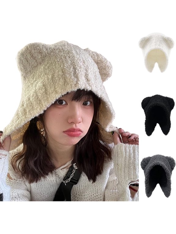 Y2K Bear Ears Beanie Crochet Hat for Women,Kawaii Warm Knitted Slouchy Winter Hat Alt Accessories