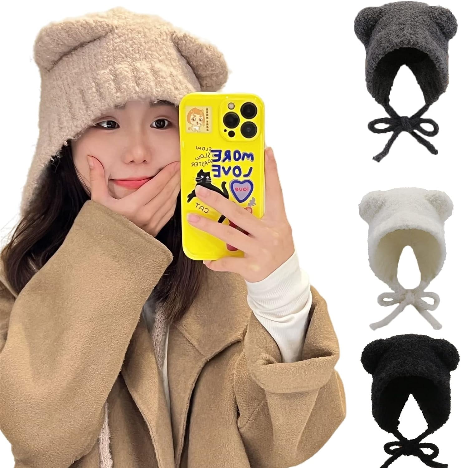 Knit Bear Ear Beanie Winter Scarf Set Warm Cable Chunky Y2K Chic Teddy Ear Scarf & Hat Set, Animal Mask, Handmade Crochet  main image 4