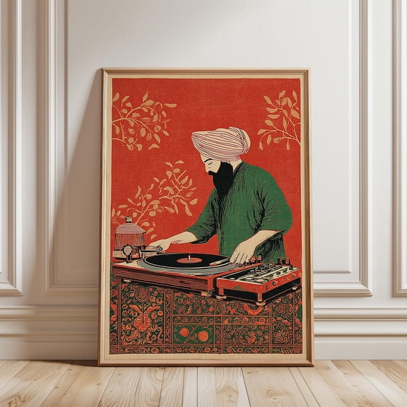 Sikh DJ Woodcut Style Red and Green Illustration Music Wall Decor Art Unframed Paper Print