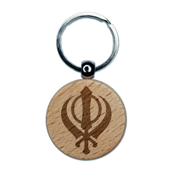 Sikh Khanda Indian Punjab Religious Symbol Round Keychain Charm Tag - Engraved Wood