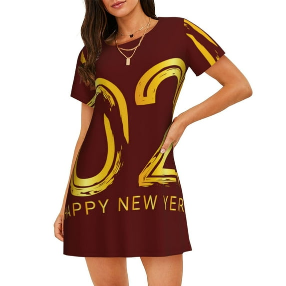Sikiie 2025 New Year 4 Print Women's Short-sleeved Nightdress, Round Neck Pullover Nightdress Pajamas Summer Home Wear