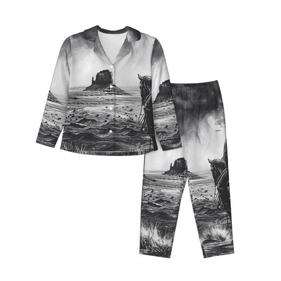 Sikiie 60s Black White Western Cowboy Women's Long-Sleeve Shirt and Full-Length Bottom Pajama Set (s-xxl)-