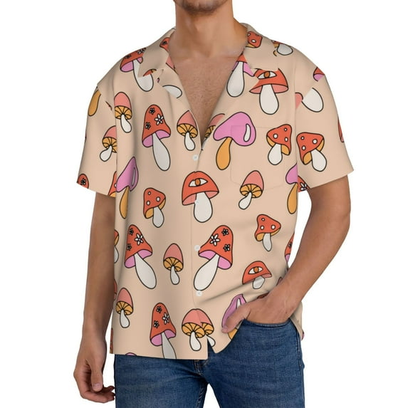 Sikiie 70s Mushroom Men's Wrinkle Free Untucked Cuban Shirt Business Casual Button Down Shirts Short Sleeve ShirtX-Large
