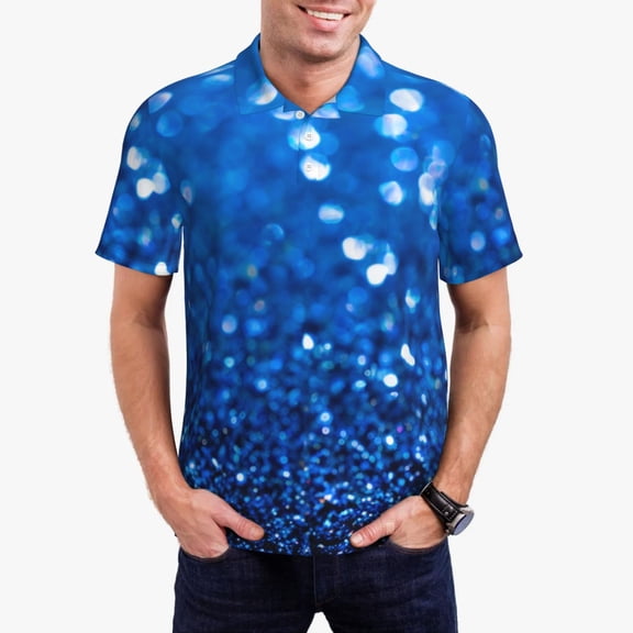 Sikiie A Blue Glitter Print Men's Short-sleeved POLO Shirts, Button-down Shirts and T-shirts are Suitable for Vacation, Leisure and Business-Medium