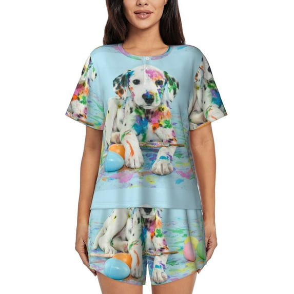 Sikiie A Funny Little Dalmatian Puppy Womens Pajama Sets Short Sleeve Top With Pants Sleepwear 2 Piece Lounge Set3X-Large