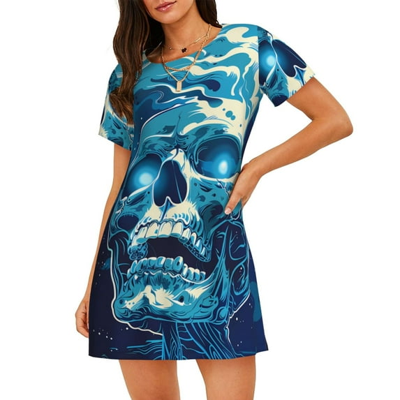 Sikiie Abstract Blue Skull Print Women's Short-sleeved Nightdress, Round Neck Pullover Nightdress Pajamas Summer Home Wear