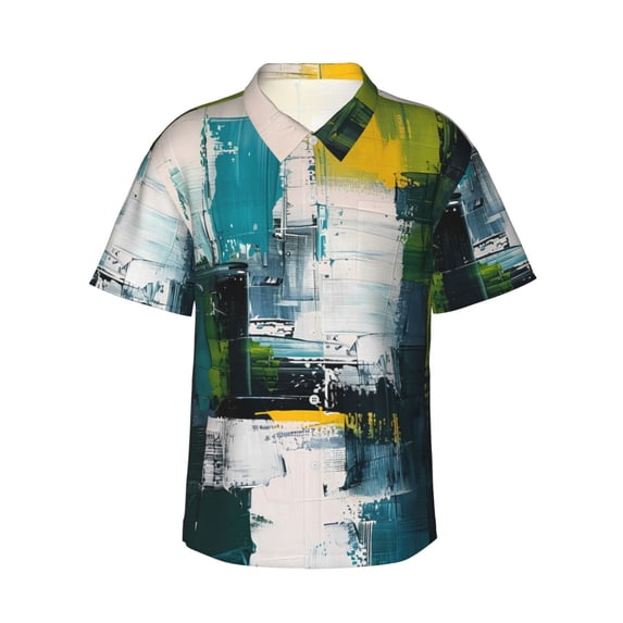 Sikiie Abstract Brushstrokes Green Blue Print Men's Hawaiian Shirt, Summer Beach Button Pocket Short Sleeve T-Shirt,3X-Large