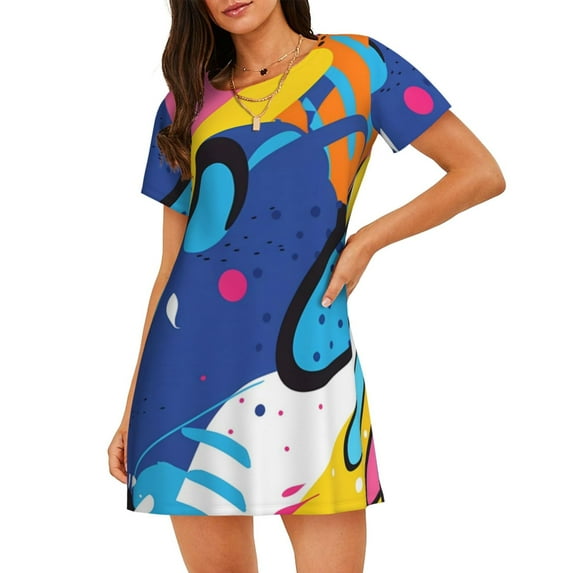 Sikiie Abstract Color Splash Print Women's Short-sleeved Nightdress, Round Neck Pullover Nightdress Pajamas Summer Home Wear
