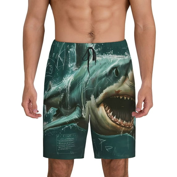 Sikiie Abstract Geometric Shark Mens Pajama Shorts, Lightweight Lounge Pant with Pockets Soft Sleep Pj Shorts for MenLarge