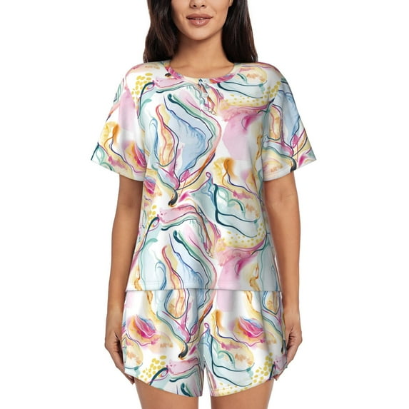 Sikiie Abstract Marble Texture Womens Pajama Sets Short Sleeve Top With Pants Sleepwear 2 Piece Lounge Set3X-Large
