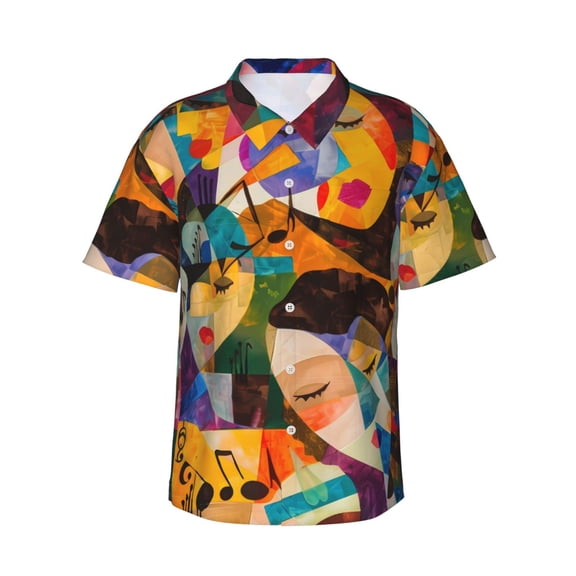 Sikiie Abstract Musical Faces Print Men's Hawaiian Shirt, Summer Beach Button Pocket Short Sleeve T-Shirt,XX-Large