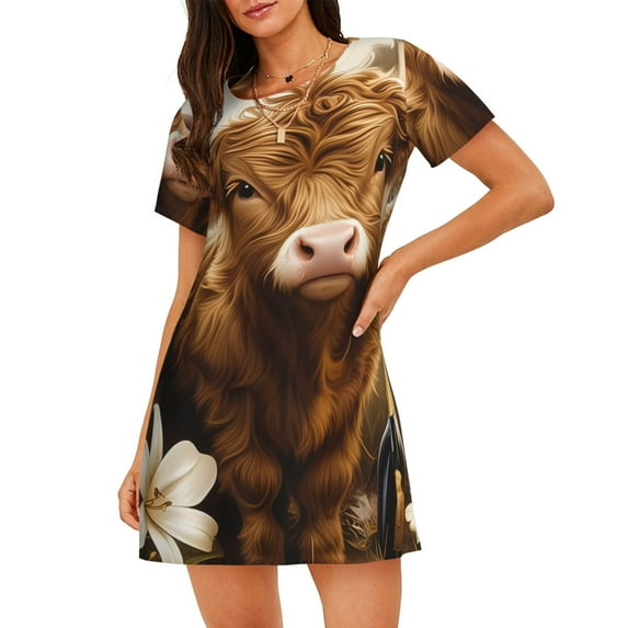 Sikiie Adorable Calf Butterflies Champagne Print Women's Short-sleeved Nightdress, Round Neck Pullover Nightdress Pajamas Summer Home Wear