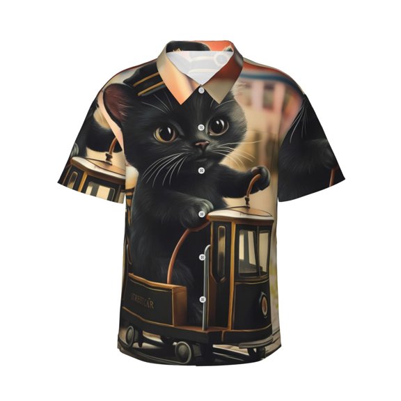 Sikiie Adorable Kitten On Mini Train Print Men's Hawaiian Shirt, Summer Beach Button Pocket Short Sleeve T-Shirt,3X-Large