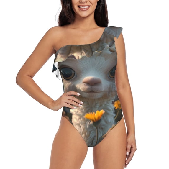Sikiie Adorable Llama In Flowers Print Women One Piece Swimsuits Tummy Control One Shoulder Bathing Suits Ruffle Swimwear, From S to XXL-Large