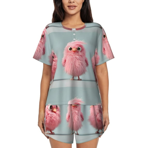 Sikiie Adorable Pink Fluffy Birds Womens Pajama Sets Short Sleeve Top With Pants Sleepwear 2 Piece Lounge Set-Medium