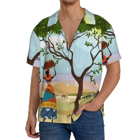 Sikiie African Women Men's Wrinkle Free Untucked Cuban Shirt Business Casual Button Down Shirts Short Sleeve ShirtLarge