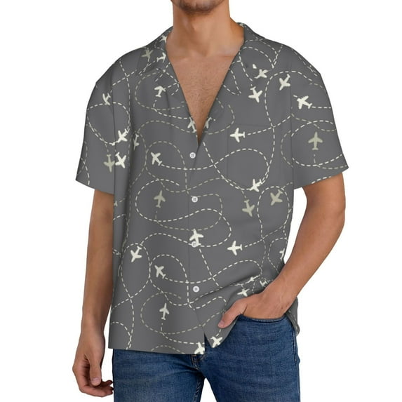 Sikiie Airplane Routes Around The World Men's Wrinkle Free Untucked Cuban Shirt Business Casual Button Down Shirts Short Sleeve ShirtSmall
