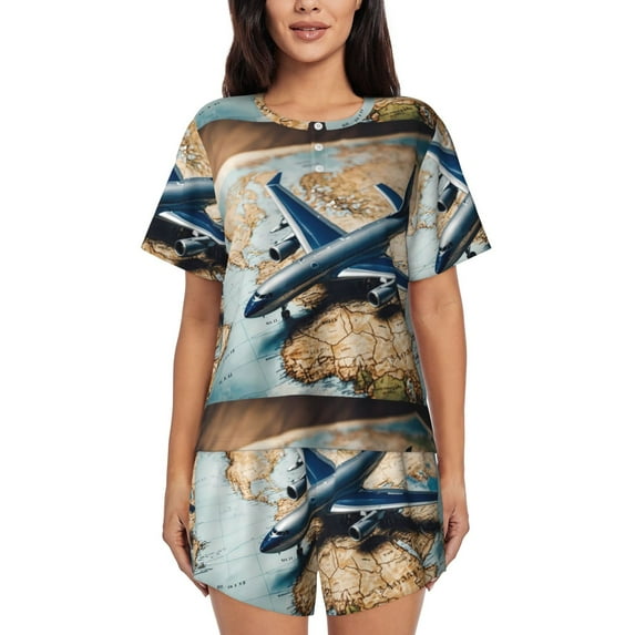 Sikiie Airplane World Map Adventure Womens Pajama Sets Short Sleeve Top With Pants Sleepwear 2 Piece Lounge Set-Large