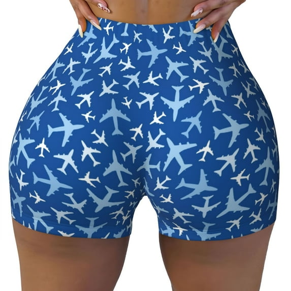 Sikiie Airplanes in the Sky Print Workout Shorts Women Scrunch Butt Gym Shorts Seamless High Waist Tummy Control Yoga Biker Athletic Shorts