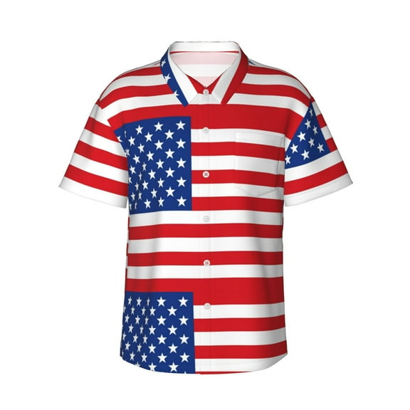 Sikiie America Flags3 Print Men's Hawaiian Shirt, Summer Beach Button Pocket Short Sleeve T-Shirt,3X-Large