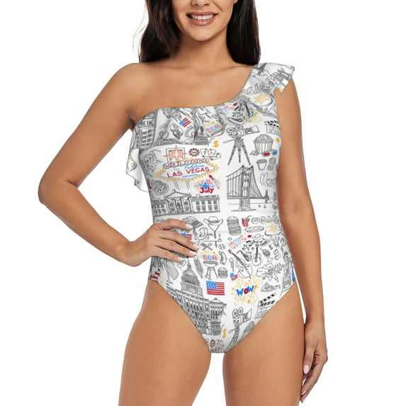 Sikiie America Landmarks2 Print Women One Piece Swimsuits Tummy Control One Shoulder Bathing Suits Ruffle Swimwear, From S to XXL-Medium