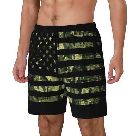 Sikiie American Flag Camo Print Men's Double Layer Swimming Trunks, Adjustable Waistband and Pockets Sports Swimming Trunks, Beach Swimwear-X-Large