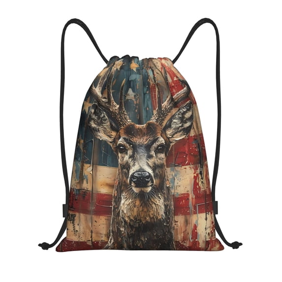 Sikiie American Flag Deer Art Drawstring Backpack Drawstring Bags, Draw String Back Bag for Sports, Gym, Travel, Swimming, Beach-Medium