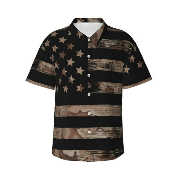 Sikiie American Flag with Desert Camouflage Print Men's Hawaiian Shirt, Summer Beach Button Pocket Short Sleeve T-Shirt,XX-Large