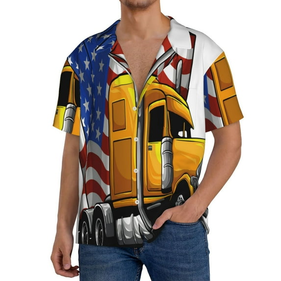 Sikiie American Truck Print Men's Wrinkle Free Untucked Cuban Shirt Business Casual Button Down Shirts Short Sleeve Shirt-Small
