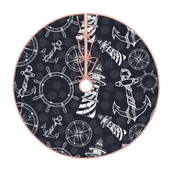 Sikiie Anchor and Lighthouse Nativity Christmas Tree Skirt, Jesus Christian Winter Holiday Tree Mat Decoration(30-48IN)30"
