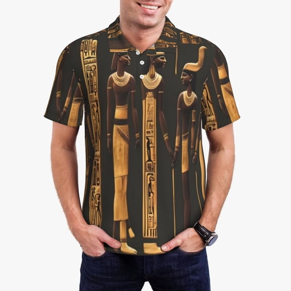 Sikiie Ancient Egyptian Hieroglyph Print Men's Short-sleeved POLO Shirts, Button-down Shirts and T-shirts are Suitable for Vacation, Leisure and Business-Medium