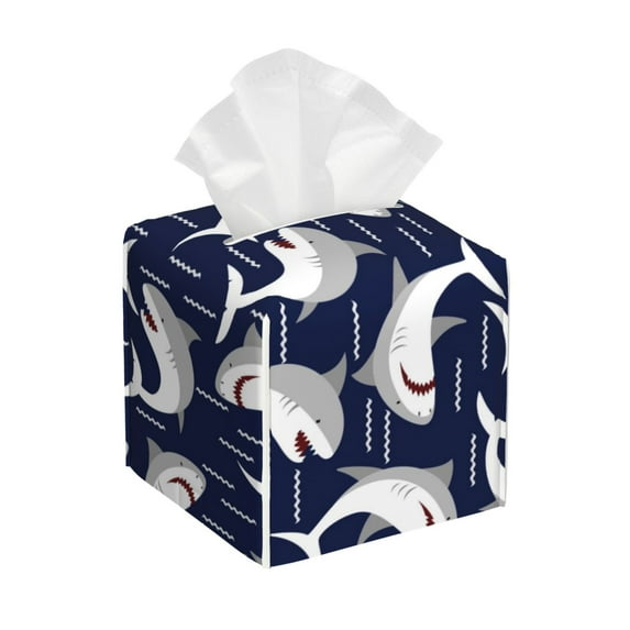 Sikiie Angry Shark Leather Tissue Box Cover Square, tissue box holder, Tissue Box with Bottom Belt-5.2”x5.2”x5.2”