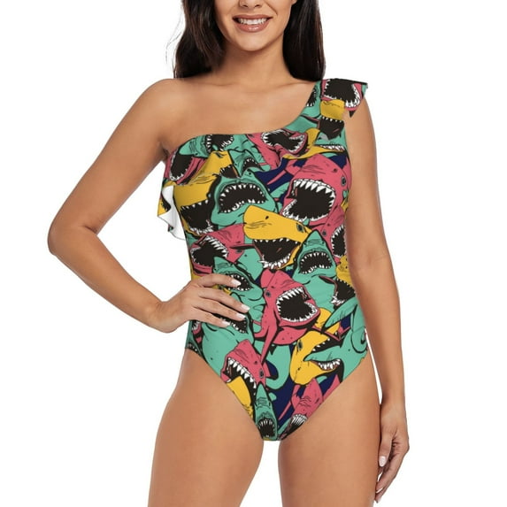 Sikiie Angry Shark Pattern Print Women One Piece Swimsuits Tummy Control One Shoulder Bathing Suits Ruffle Swimwear, From S to XXL-Large