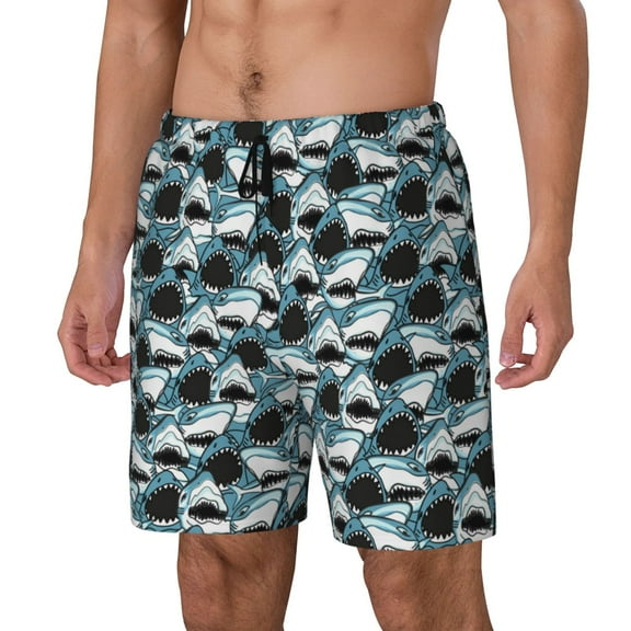Sikiie Angry Shark Print Men's Double Layer Swimming Trunks, Adjustable Waistband and Pockets Sports Swimming Trunks, Beach Swimwear-Medium