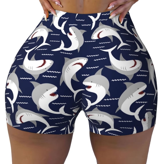 Sikiie Angry Shark Print Workout Shorts Women Scrunch Butt Gym Shorts Seamless High Waist Tummy Control Yoga Biker Athletic Shorts
