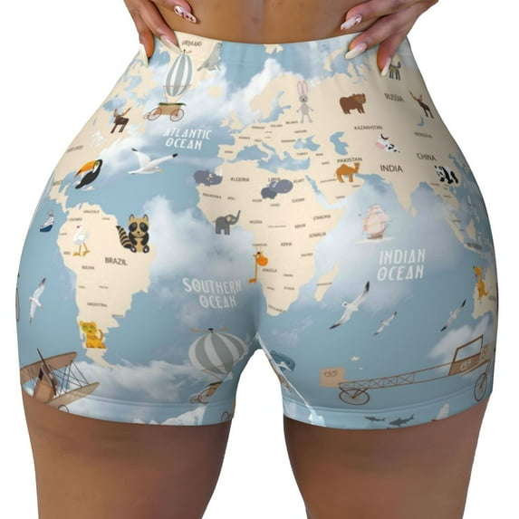 Sikiie Animals Travel World Map Print Workout Shorts Women Scrunch Butt Gym Shorts Seamless High Waist Tummy Control Yoga Biker Athletic Shorts