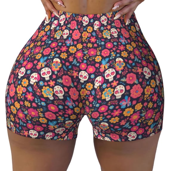 Sikiie Apricot color Skull flower Print Workout Shorts Women Scrunch Butt Gym Shorts Seamless High Waist Tummy Control Yoga Biker Athletic Shorts